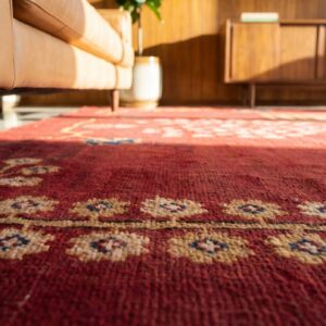 Antique Large Coral Donegal - Arts & Crafts Ireland Geometric Knotted Rug (SKU 24303) - in-room detail