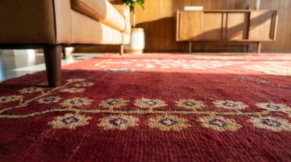 Antique large coral donegal - arts & crafts ireland geometric knotted rug (sku 24303) - in-room detail