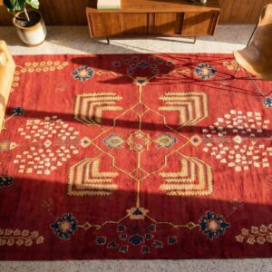 Antique Large Coral Donegal - Arts & Crafts Ireland Geometric Knotted Rug (SKU 24303) - styled overhead view