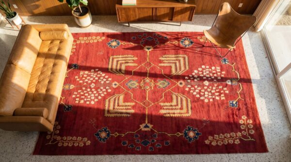 Antique large coral donegal - arts & crafts ireland geometric knotted rug (sku 24303) - styled overhead view
