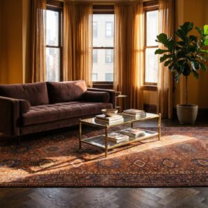 Antique Large Coral Karajeh Persian Allover Geometric Knotted Rug (SKU 24099) - room view
