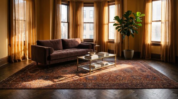 Antique large coral karajeh persian allover geometric knotted rug 9 Antique large coral karajeh persian allover geometric knotted rug (sku 24099) - room view