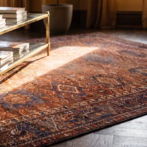 Antique Large Coral Karajeh Persian Allover Geometric Knotted Rug (SKU 24099) - in-room detail