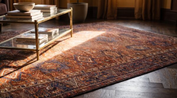 Antique large coral karajeh persian allover geometric knotted rug 10 Antique large coral karajeh persian allover geometric knotted rug (sku 24099) - in-room detail