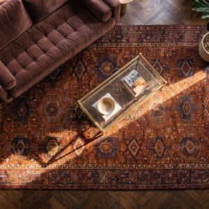 Antique Large Coral Karajeh Persian Allover Geometric Knotted Rug (SKU 24099) - styled overhead view