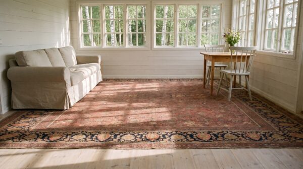Antique large coral kashan - mohtasham persian floral knotted rug 9 Antique large coral kashan - mohtasham persian floral knotted rug (sku 23606) - room view
