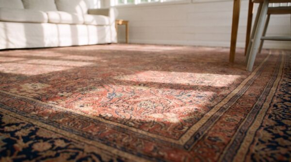 Antique large coral kashan - mohtasham persian floral knotted rug 10 Antique large coral kashan - mohtasham persian floral knotted rug (sku 23606) - in-room detail