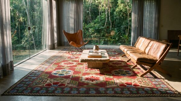 Antique large coral needlepoint french flat weave rug (sku 23422) - room view