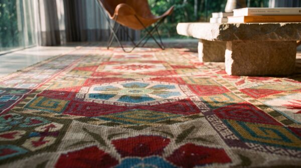 Antique large coral needlepoint french flat weave rug (sku 23422) - in-room detail
