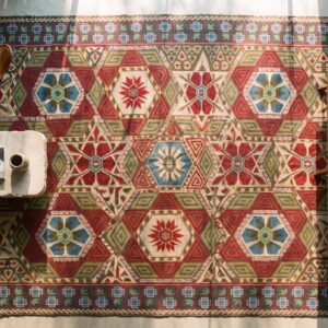 Antique Large Coral Needlepoint French Flat Weave Rug (SKU 23422) - styled overhead view