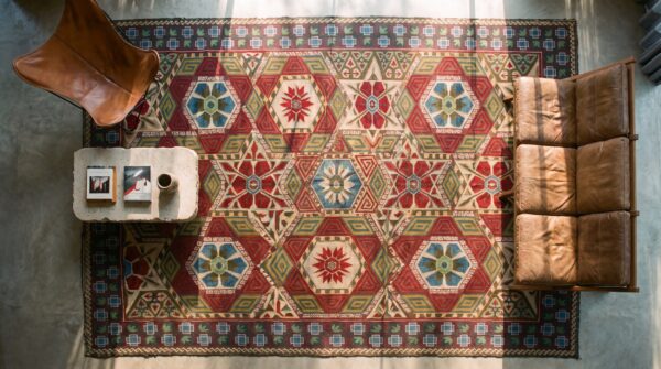 Antique large coral needlepoint french flat weave rug (sku 23422) - styled overhead view