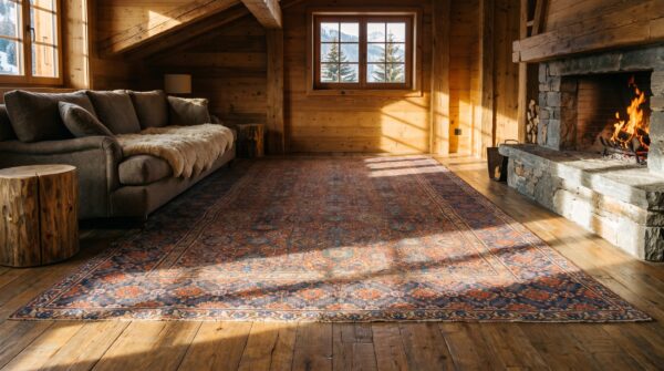 Antique large coral nw persian geometric knotted rug (sku 24672) - room view