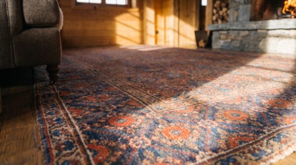 Antique large coral nw persian geometric knotted rug (sku 24672) - in-room detail