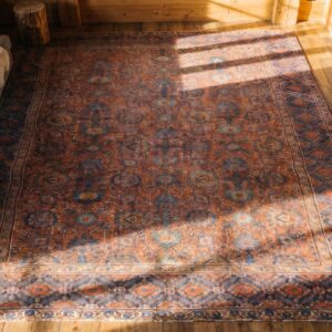 Antique Large Coral NW Persian Geometric Knotted Rug (SKU 24672) - styled overhead view