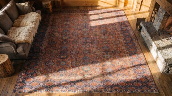 Antique large coral nw persian geometric knotted rug (sku 24672) - styled overhead view