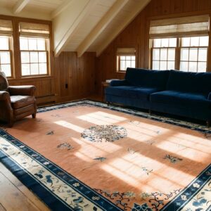 Antique Large Coral Peking Chinese Floral, Medallion Knotted Rug (SKU 23728) - room view