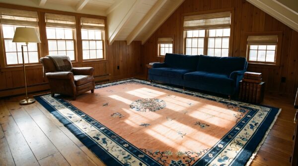 Antique large coral peking chinese floral, medallion knotted rug 7 Antique large coral peking chinese floral, medallion knotted rug (sku 23728) - room view