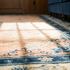 Antique Large Coral Peking Chinese Floral, Medallion Knotted Rug (SKU 23728) - in-room detail