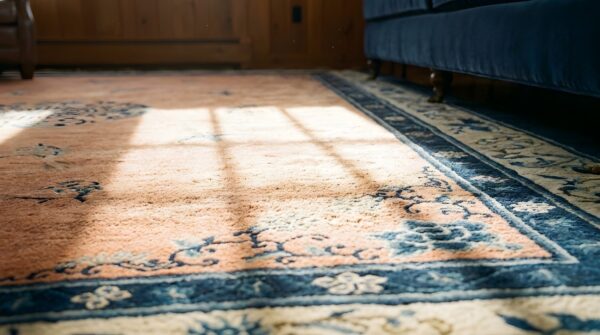 Antique large coral peking chinese floral, medallion knotted rug 8 Antique large coral peking chinese floral, medallion knotted rug (sku 23728) - in-room detail