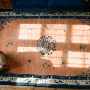 Antique Large Coral Peking Chinese Floral, Medallion Knotted Rug (SKU 23728) - styled overhead view