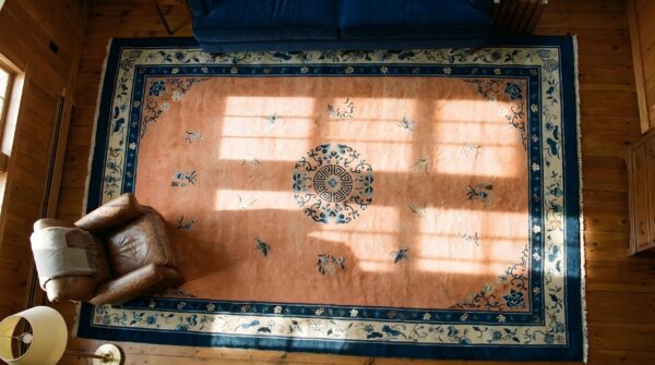 Antique large coral peking chinese floral, medallion knotted rug 2 Antique large coral peking chinese floral, medallion knotted rug (sku 23728) - styled overhead view