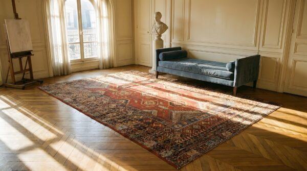 Antique large coral rabat moroccan allover geometric knotted rug 9 Antique large coral rabat moroccan allover geometric knotted rug (sku 24800) - room view