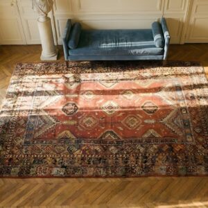 Antique Large Coral Rabat Moroccan Allover Geometric Knotted Rug (SKU 24800) - styled overhead view