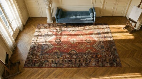 Antique large coral rabat moroccan allover geometric knotted rug 2 Antique large coral rabat moroccan allover geometric knotted rug (sku 24800) - styled overhead view