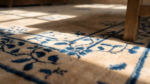 Large early 20th century antique ivory chinese peking floral pattern carpet 11 Large early 20th century antique ivory chinese peking floral pattern carpet (sku 22672) - in-room detail