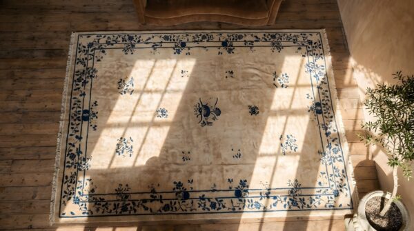 Large early 20th century antique ivory chinese peking floral pattern carpet 2 Large early 20th century antique ivory chinese peking floral pattern carpet (sku 22672) - styled overhead view