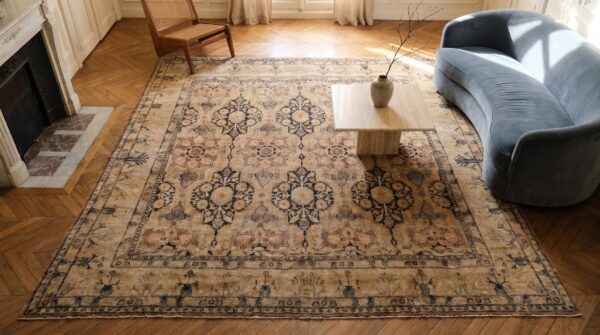 Antique large esfahan persian knotted rug 2 Antique large esfahan persian knotted rug (sku 19012) - styled overhead view