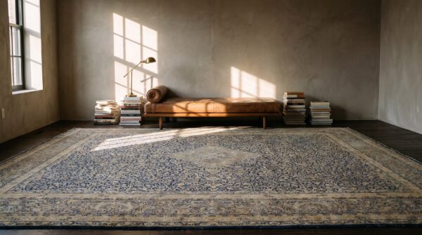 Large fine weave antique blue floral medallion persian kerman rug 3 Large fine weave antique blue floral medallion persian kerman rug (sku 20259) - room view