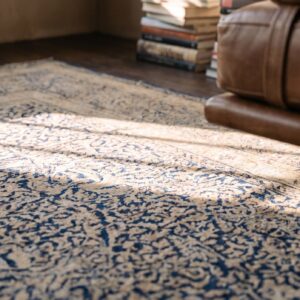 Large Fine Weave Antique Blue Floral Medallion Persian Kerman Rug (SKU 20259) - in-room detail