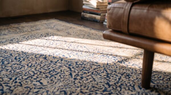Large fine weave antique blue floral medallion persian kerman rug 4 Large fine weave antique blue floral medallion persian kerman rug (sku 20259) - in-room detail