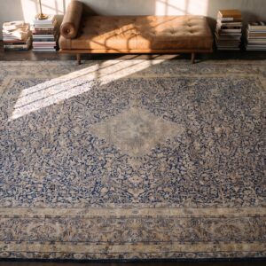 Large Fine Weave Antique Blue Floral Medallion Persian Kerman Rug (SKU 20259) - styled overhead view