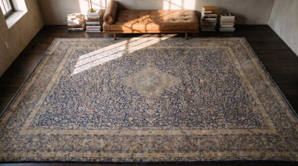 Large fine weave antique blue floral medallion persian kerman rug 2 Large fine weave antique blue floral medallion persian kerman rug (sku 20259) - styled overhead view