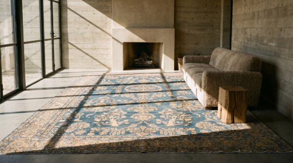 Large floral light blue color finely woven antique persian kerman rug 10 Large floral light blue color finely woven antique persian kerman rug (sku 18151) - room view