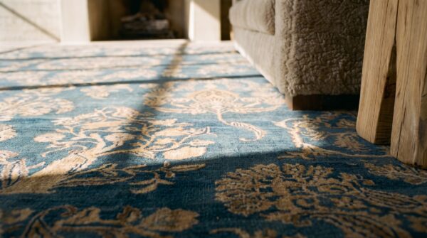 Large floral light blue color finely woven antique persian kerman rug 11 Large floral light blue color finely woven antique persian kerman rug (sku 18151) - in-room detail