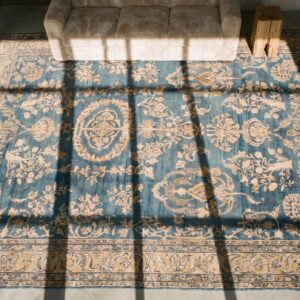 Large Floral Light Blue Color Finely Woven Antique Persian Kerman Rug (SKU 18151) - styled overhead view