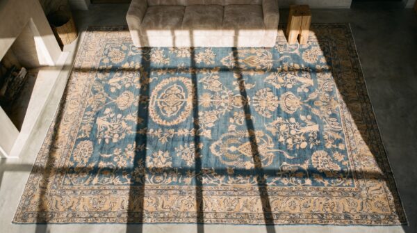 Large floral light blue color finely woven antique persian kerman rug 2 Large floral light blue color finely woven antique persian kerman rug (sku 18151) - styled overhead view