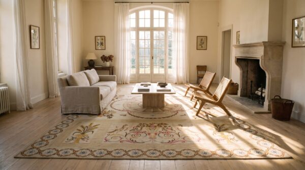 Antique large floral medallion flat weave rug 8 Antique large floral medallion flat weave rug (sku 25551) - room view