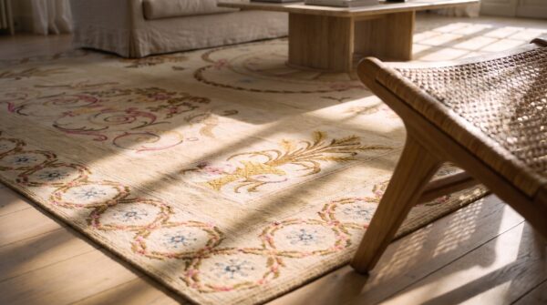 Antique large floral medallion flat weave rug 9 Antique large floral medallion flat weave rug (sku 25551) - in-room detail