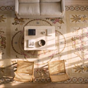 Antique Large Floral Medallion Flat Weave Rug (SKU 25551) - styled overhead view