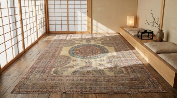 Antique large floral medallion hand knotted pile persian kerman rug 8 Antique large floral medallion hand knotted pile persian kerman rug (sku 18593) - room view