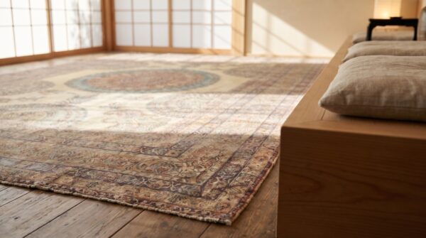 Antique large floral medallion hand knotted pile persian kerman rug 9 Antique large floral medallion hand knotted pile persian kerman rug (sku 18593) - in-room detail