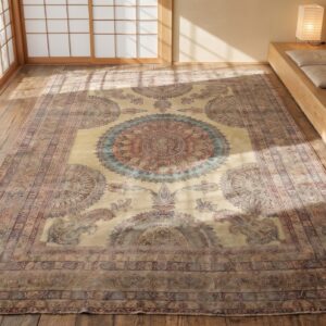 Antique Large Floral Medallion Hand Knotted Pile Persian Kerman Rug (SKU 18593) - styled overhead view