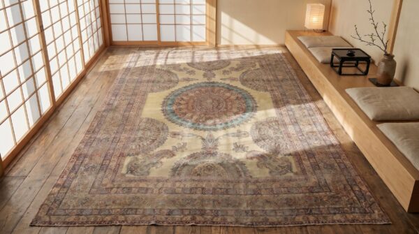Antique large floral medallion hand knotted pile persian kerman rug 2 Antique large floral medallion hand knotted pile persian kerman rug (sku 18593) - styled overhead view