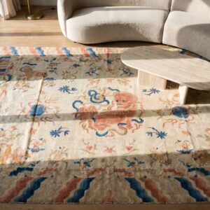 Antique Large Foo Dog Chinese Lion Ningxia Chinese Knotted Rug (SKU 18663) - styled overhead view