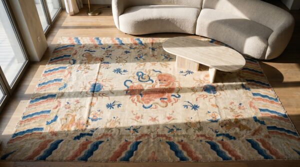 Antique large foo dog chinese lion ningxia chinese knotted rug (sku 18663) - styled overhead view