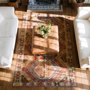 Antique Large Gallery Size Tribal Geometric Flatweave Turkish Kilim Rug (SKU 25124) - styled overhead view
